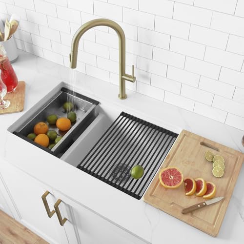 Image of Stylish 30 x 18 Inch Composite Granite Workstation Kitchen Sink, 60 /40 Double Bowl Under Mount & Drop in, 9.5 in Deep, Reversible, with Cutting Board, Colander, Colander & Strainer, White, S-831WH
