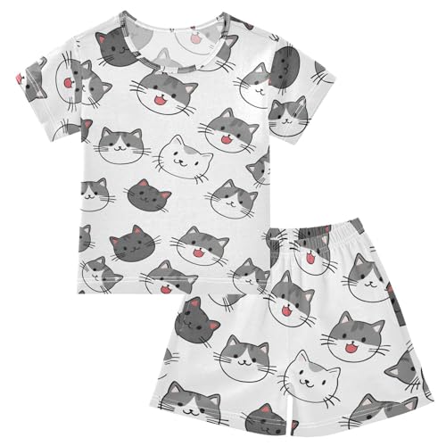 ALAZA Cat on White Pajamas Short Sleeve 2 Piece Sleepwear Top and Bottom Pajama Set Unisex