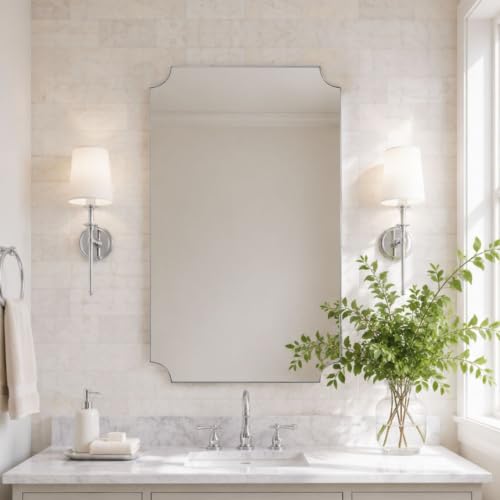 Image of TEHOME 24x40'' Chrome Scalloped Bathroom Mirrors, Silver Decorative Bathroom Vanity Mirror