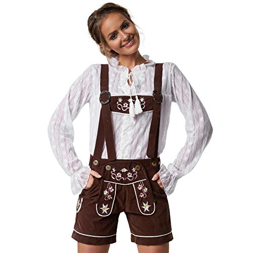 dressforfun 900801 Damen Lederhose mit Träger in klassischer Trachtenform, feine Blumenstickereien, braun - Diverse Größen - (S| Nr. 302805)