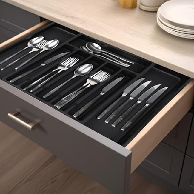 S&F Homes Cutlery kitchen organizer, drawer organizer for storage and organization, expandable tray, flatware and silverware holder for kitchen, adjustable cutlery holder, BPA-Free. (Black)
