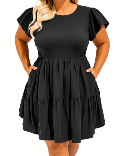 Women's Plus Size Casual Summer Tiered Flutter Sleeve Swing Short Babydoll Dress with Pockets3