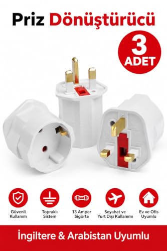 İngiliz Erkek Türk Dişi Unıversal Priz Dönüştürücü, 3 Adet 13A Sigortalı Topraklı Arabistan Türkiye Priz Çevirici Adaptör - G Tipi Güç Adaptörü