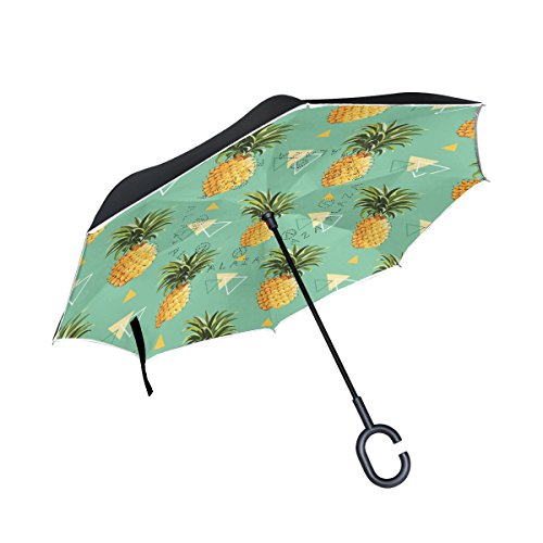Preisvergleich Produktbild ISAOA Große Schirm Regenschirm Winddicht Doppelschichtige Konstruktion seitenverkehrt Faltbarer Regenschirm für Auto Regen Außeneinsatz, C-förmigem Henkel hinhängen Ananas hellblau Regenschirm