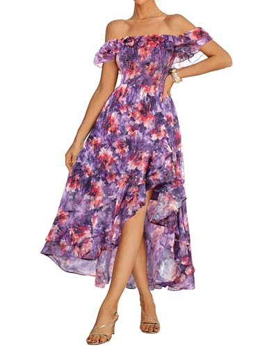 Womens Off Shoulder Sleeveless Dresses Floral Flowy Ruffle High Low Wedding Guest Maxi Dress with Pockets Purple Flower