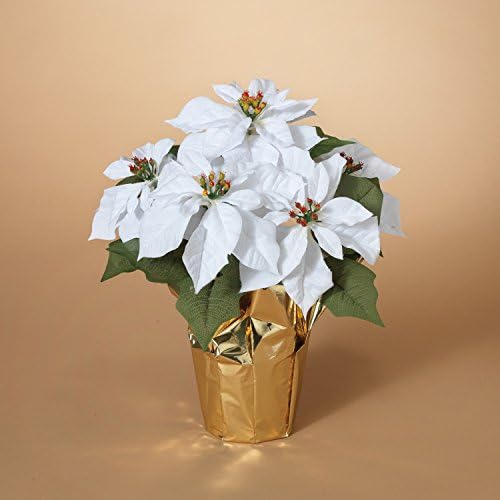15 Inch Potted White Poinsettia Plant - Artificial Christmas Poinsettia Plant in Gold Foil Wrap