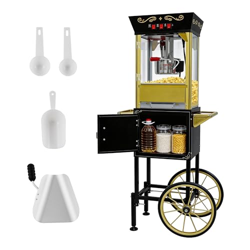 Image of 12 Oz Popcorn Machine with Cart (Black) - Medium Capacity Vintage Popcorn Maker - 3 Easy Switches with Storage, 4 Spoons for Home & Light Commercial Use