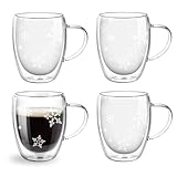 Topsky 4X 350ml Doppelwandige Schneeflocken-Kaffeegläser aus Borosilikatglas mit Griff...