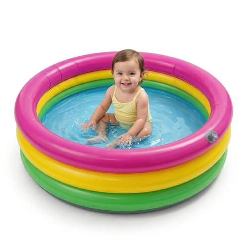Image of EYUVAA LABEL Round Inflatable Pool for Kids 0-5 Years | 3-Ring Mini Swimming Pool with Dual-Layer Inflatable Bottom, Safe & Comfy, Easy to Use, Perfect for Balcony & Backyard Play (3 Feet)