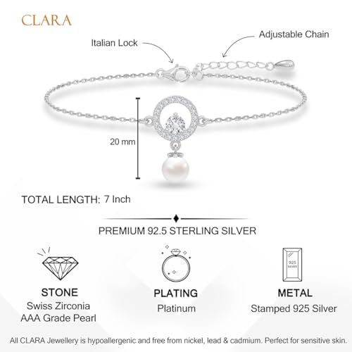 Image of CLARA 925 Sterling Silver Dante Pearl Pendant Earrings Chain Bracelet Ring for Women & Girls| Platinum Plated | Gift for her