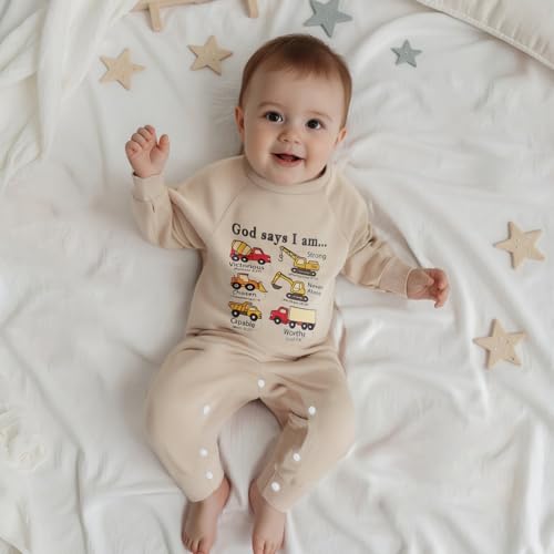 Newborn Baby Boy Romper God Says I Am Construction Truck Long Sleeve Jumpsuit Sweatshirt Infant Fall Outfit3