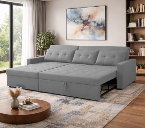 Image of Emilio 4 Seater LHS L - Shape Pull-Out Sofa Cum Bed Sofa for Living Room (Dark Grey Fabric Color) Premium Fabric Sofa Set for Living Room Sofa Cum Bed