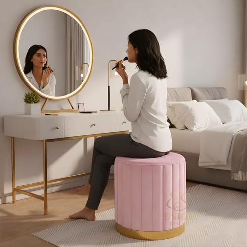 Image of Premium Velvet Round Ottoman Stool with Gold Metal Base - Modern Upholstered Footrest for Living Room, Bedroom & Vanity Seating (Baby Pink)