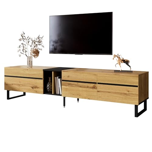 Hmluxury Mueble bajo para TV de 180 cm con compartimento plegable y puertas dobles, moderno mueble de TV como aparador, armario de salón con espacio de almacenamiento