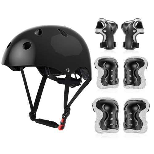 Knieschützer Kinder, Knieschoner Kinder mit Helm 3-10 Jahre- Schonerset Schutzausrüstung für Inliner Skates Scooter Fahrrad Rollschuh (Schwarz) Knieschützer Kinder, Knieschoner Kinder mit Helm 3-10 Jahre- Schonerset Schutzausrüstung für Inliner Skates Scooter Fahrrad Rollschuh (Schwarz)