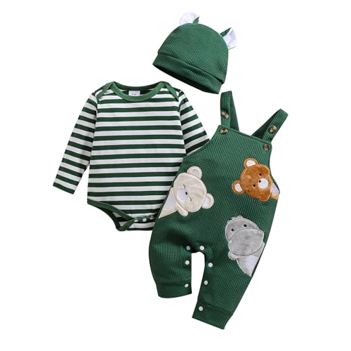 Image of FOCICI Baby Boy Clothes Newborn Striped Romper Fall Outfits + Infant Cartoon Suspender Overall + Cute Hat 3 Pcs 0-18 Months