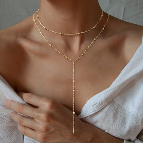 Turandoss Gold Necklace for Women - Dainty Long Y Necklace 14K Gold Plated Y-Shaped Lariat Necklaces Layered Beaded Chain Lip Chain CZ Pearl Cross Drop Necklaces for Women Trendy Jewelry3