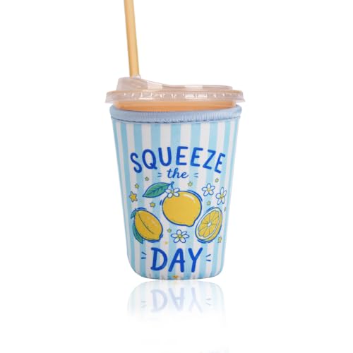 Image of Reusable Insulated Sleeve for Iced Coffee Cup, Coffee Neoprene Sleeve for Cold & Hot Drinks, Beverage Holder for Iced Coffee (Squeeze Day, Small: 16-18oz)