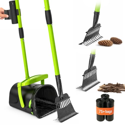 Pupzle Dry & Wet Dog Pooper Scooper with Bag Attachment 40 Long Handle Dog Poop Shovel and Rake Pooper Scooper for Large Dogs Poop Scoop for Yard Large Capacity Swivel Bin 75 Bags Patent Pending