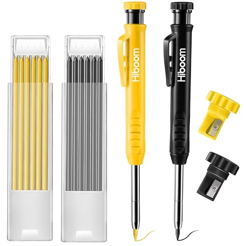 Hiboom 2 Lápices de Carpintero Sólidos con 14 Recargas Marcador de Lápiz Mecánico de Orificio Profundo de Punta Larga Herramienta de Marcado con Sacapuntas Incorporado (Negro, Amarillo)