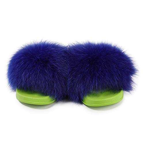 Women's Fox Fur Slides Furry Slides for Outdoor Fluffy Sandals Open Toe Fur Slippers(Green/Blue,8.5)