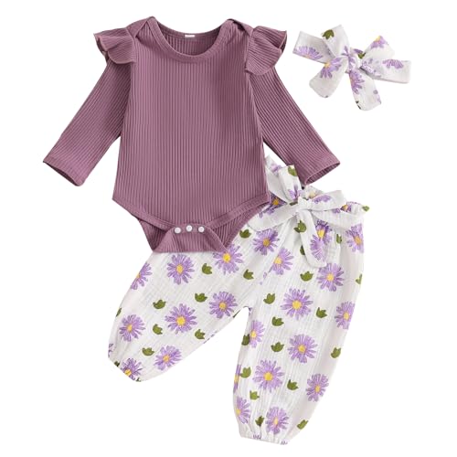 Image of Emmababy Daisy Outfit Baby Girl Fall Romper Pants Set Long Sleeve Ribbed Knit Bodysuit Floral Print Linen Pants Headbands (15 Purple, 0-3 Months)