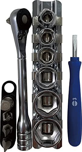 SIGNET 28274 Signet, 13-Piece Set, 1/4 Drive, 52 Gears, Mini Ratchet Handle, Short Bit Socket Set, silver/blue