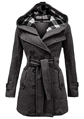 WIWIQS Women's Hooded Double-Breasted Thick Wool Blend Trench Coat Jacket Winter Mid-Long Pea Coat with Belt