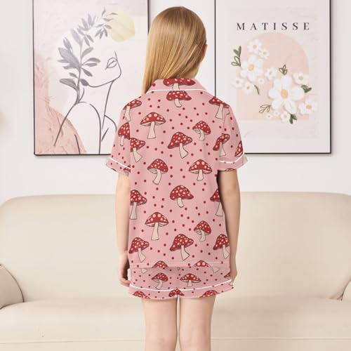 Red Mushroom Pattern Summer Satin Pajama Set, Cute Button-Down Sleepwear Pj Set for Sleep Wears4