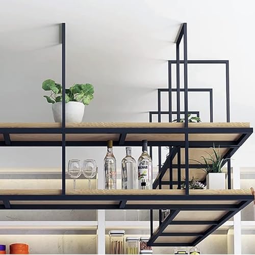 HDDNMLOH Wooden Hanging Plant Stand Ceiling Mounted Wine Rack with 2 Layers Solid Wood Floating Shelves in Retro Minimalist Style for Kitchen Storage and Decor Easy Installation (140 * 30 * 80cm)