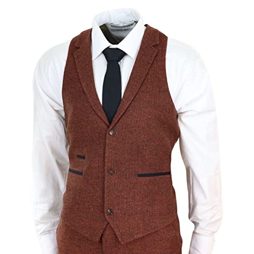 Mens Camel 3 Piece Tweed Suit Herringbone Wool Vintage Retro Fit3