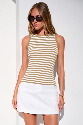 Image of PRETTYGARDEN Summer High Neck Striped Tank Tops for Women Casual Sleeveless Sweaters Basic Ribbed Knit Slim Fitted Shirts