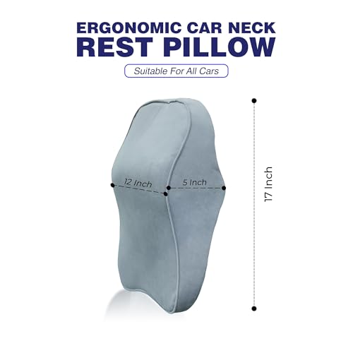 Image of WELLGIVER Orthopedic Memory Foam Car Neck Rest Pillow - Cervical Support Cushion for Neck Pain Relief, Adjustable Strap - Universal Fit for All Cars | Grey Velvet | Pack of 2