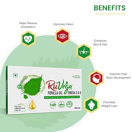 Image of RuVega Plant-Based Omega 3 & 6 Softgel 10 Capsules | Herbal Perilla Oil with ALA | Fish-Free Softgel Nutraceutical for Adults | Vegan Supplements | Supports Heart, Brain, Joint & Skin Health