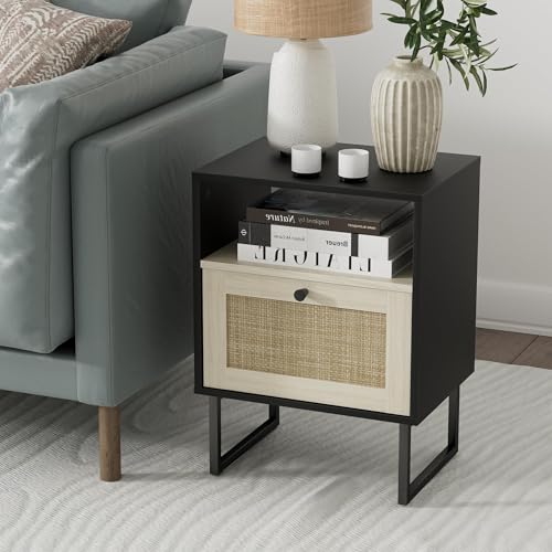 Image of Masupu Boho Night Stand, Small Rattan Side Table, Wood Nightstand with Drawer and White Oak Shelf, Bedside Table, End Table for Bedroom,Living Room,Office (Black Frame)