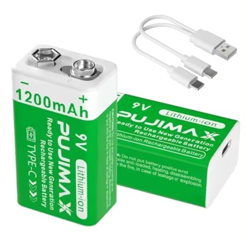 2 Pack 9V Rechargeable Lithium Batteries, 1200mAh