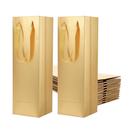 MALICPLUS 12 Wine Bottle Bags - Luxury Gold Gift Bags with Handles for Liquor, Champagne & All Occasions (Grass Texture, 15x4.7x4.4 Inches)