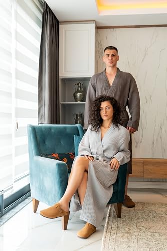 Image of Muslin Unisex Bathrobe Women & Men, 100% Cotton Kimono Lightweight Robe | Long Robes Soft, Absorbent, Spa robes