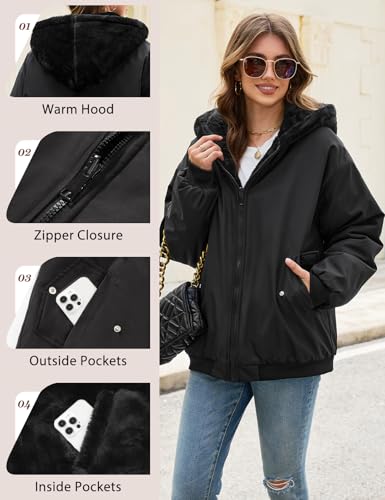 Vancavoo Winterjacke Damen Warm Fleece Gefütterter Wintermantel Winter Sweatjacke Kurz Mantel Puffer Jacke Fleecejacke Kapuzenpullover mit Kapuze für Teenager Mädchen,Schwarz,L