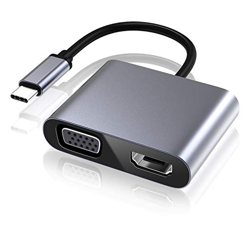 Adaptador USB C a VGA HDMI, USB 3.0 Hub Tipo C a VGA HDMI 4K UHD Adaptador, Compatible con Ordenadores portátiles, MacBook Pro/Air, Nintendo, DELL HP Spectre, Samsung S8/S9, Huawei Mate 30 y más