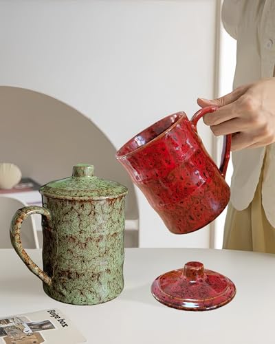 Taza de café grande cerámica 26oz con tapa y asa verde miniatura 6