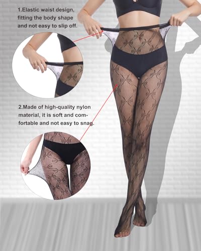 Image of 3 Pairs Fishnet Tights, Lace Stockings for Women, Patterned Tights for Women, Thigh High Suspender Stockings Butterfly Pattern