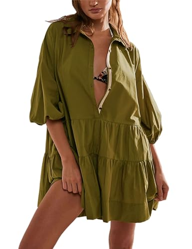 Image of Mingzhu Womens Summer Tiered Puff Sleeve Shirtdress Flowy A-line Babydoll Mini Dress