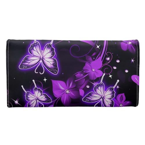 Image of AFPANQZ Womens Wallets, Leather Trifold Multi Card Holder Slots Wallet, Purple Butterfly Print Elegant Clutch Phone Holder Trifold Purses Zip Coins Pocket, Buckle Closure Clutch