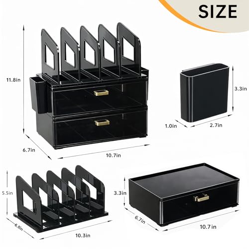 Image of CiWiVOKi Desk Organizer with 4 File Slots and 2 Drawers, Black | File organizer with dual pen holders and storage compartments for mail, documents and office supplies
