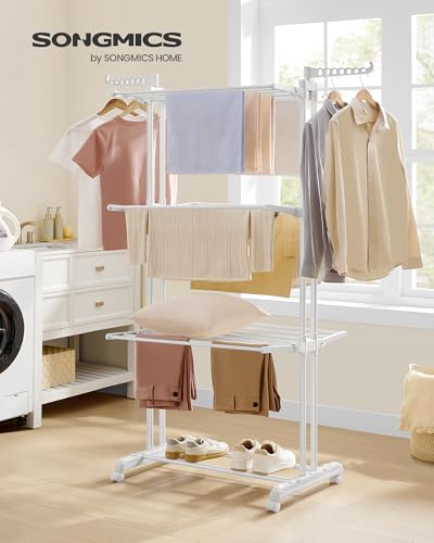 Image of SONGMICS Clothes Drying Rack Stand 4-Tier, Foldable Laundry Drying Rack 68.1-Inch Tall, Stainless Steel, Rolling Clothes Horses Dryer Rack, Easy to Assemble, Indoor Outdoor Use, Cloud White ULLR701W03 | Indoor Outdoor Use, Rolling Clothes Horses Dryer Rack, Cloud White ULLR701W03