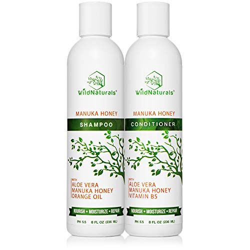 Wild Naturals Sulfate Free Shampoo : Conditioner Set, With Manuka Honey + Aloe Vera, For Hair Loss, Thinning Hair and Itchy Dry Scalp. Anti Dandruff, Moisturizing, 98% Natural, 80% Organic Plant-Based
