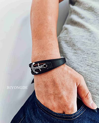 Biyongde Steel Nautical Sailing Rope Marine Anchor Charm Three-Strand Black Leather Bangle Bracelet #TOP1