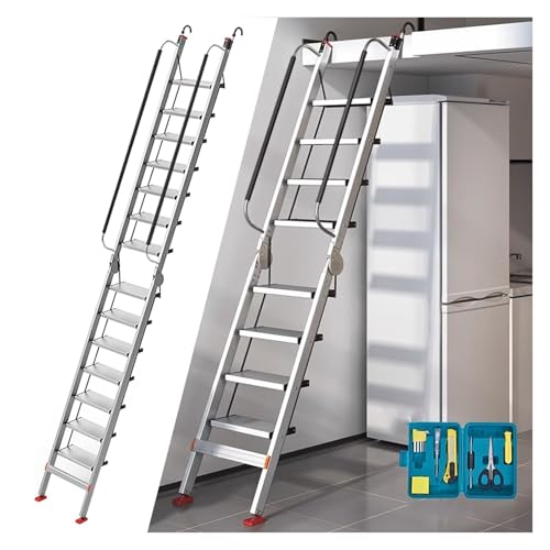 HYLYGFH Escalera de Aluminio para altillo con ángulo Ajustable de 3 Posiciones para techos, Salidas de Emergencia y Escapes de Incendios, 13 peldaños, 3,75 m