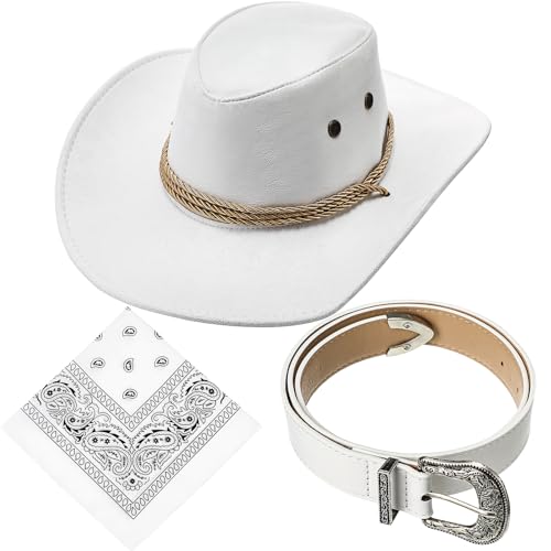 Image of Haysandy Halloween Men Cowboy Costume Hat with Bandana Belts Cowboy Cowgirl Hat Wide Cowgirl Brim Costume Accessories